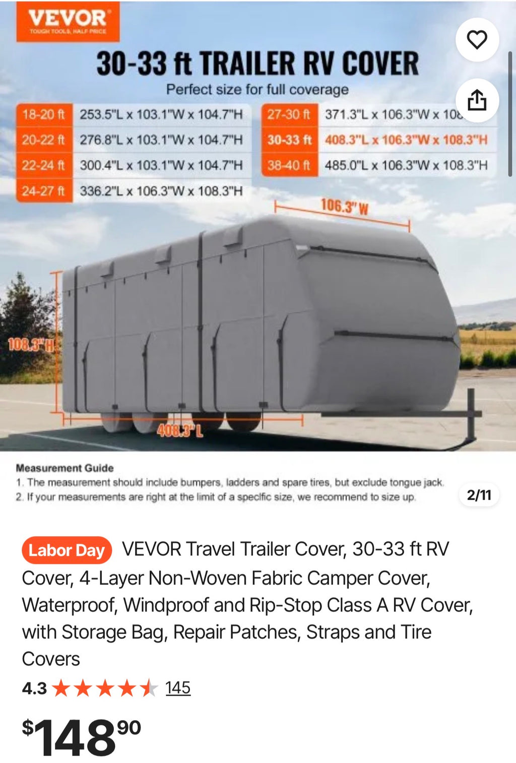 30-33 ft RV Cover