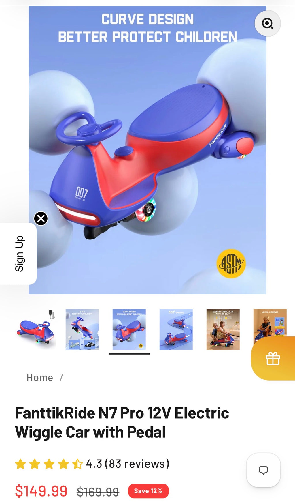 FanttikRide N7 Pro 12V Electric Wiggle Car with Pedal