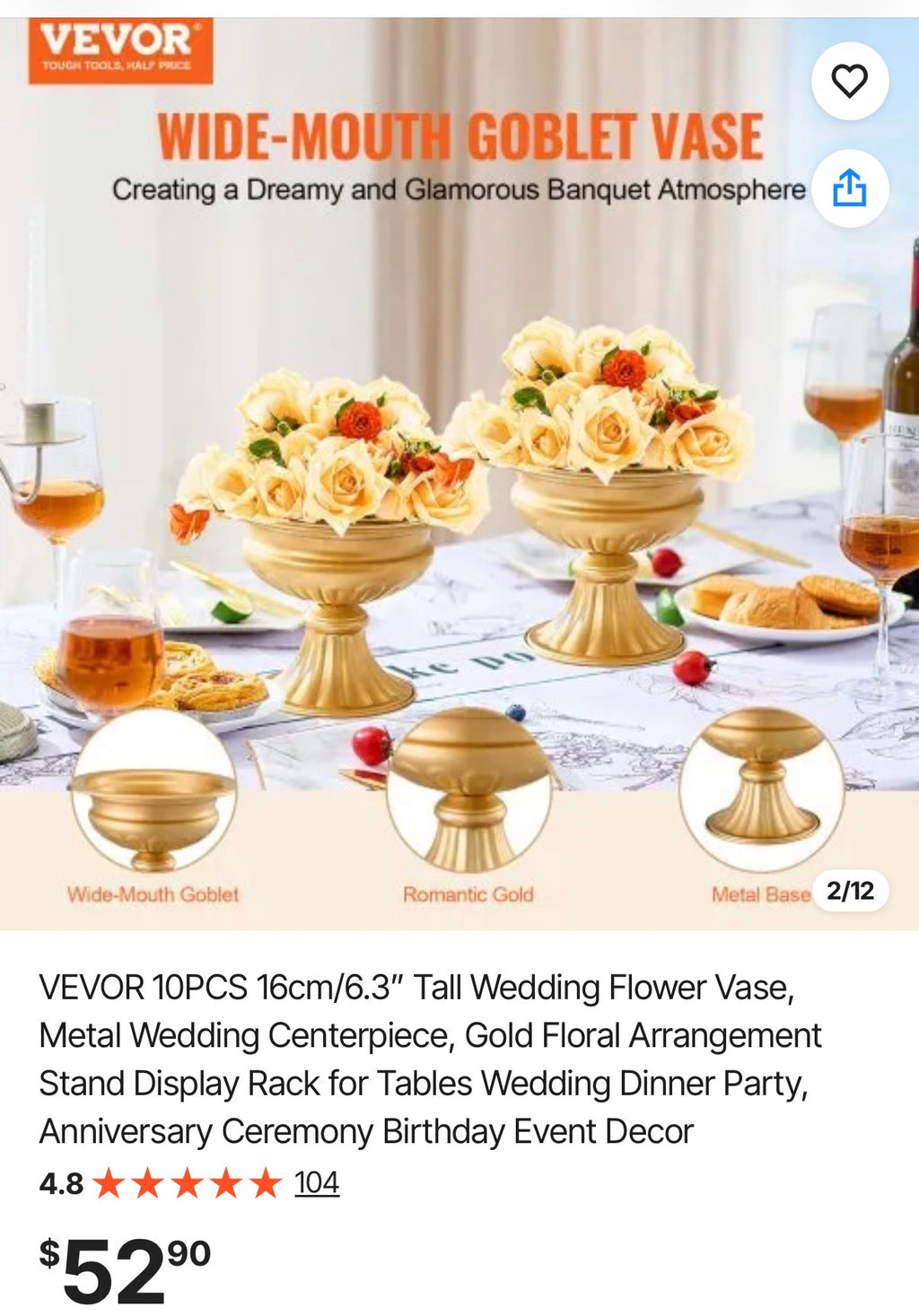 6.3” Tall Wedding Flower Vase