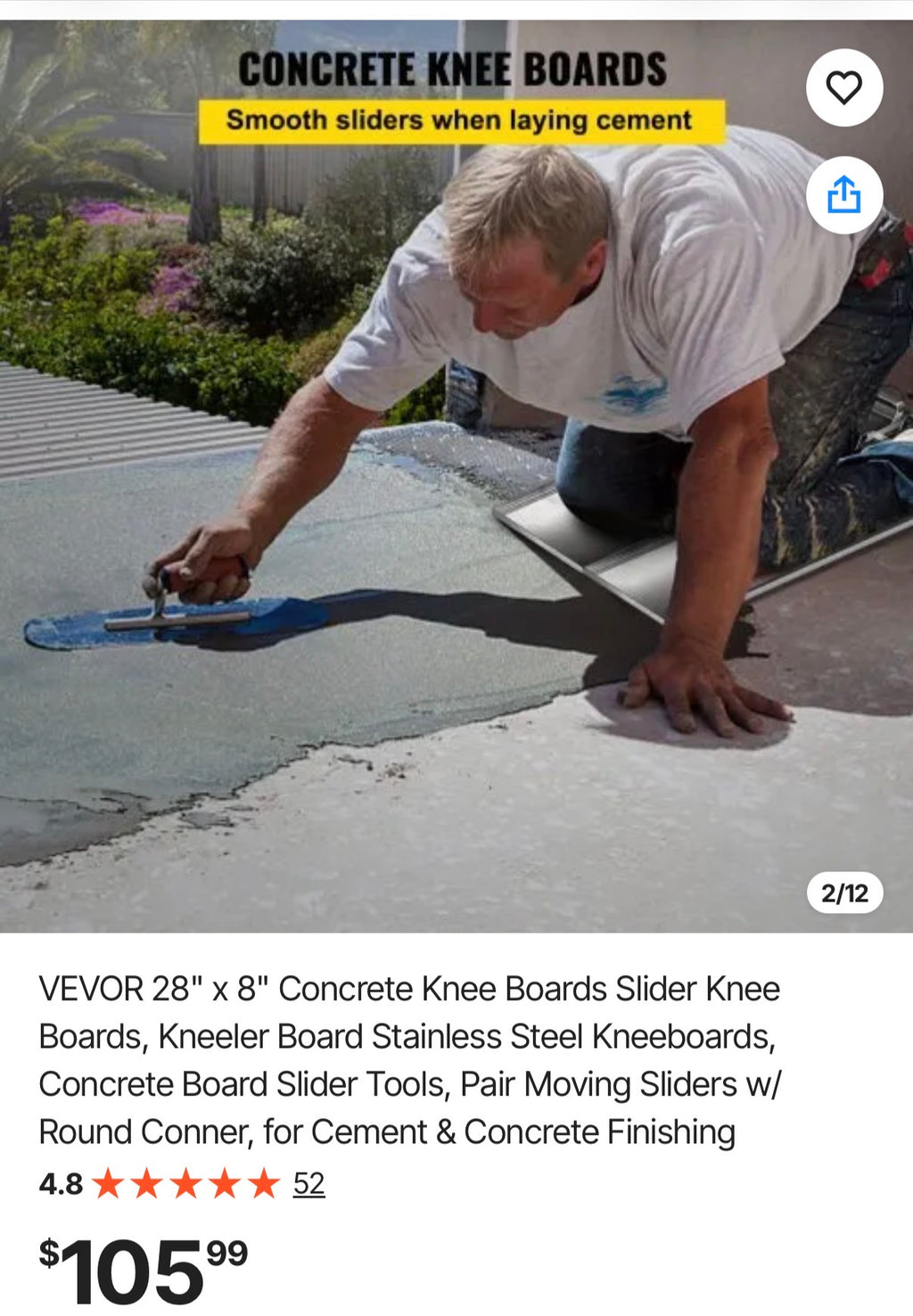 28" x 8" Concrete Knee Boards Slider Knee Boards
