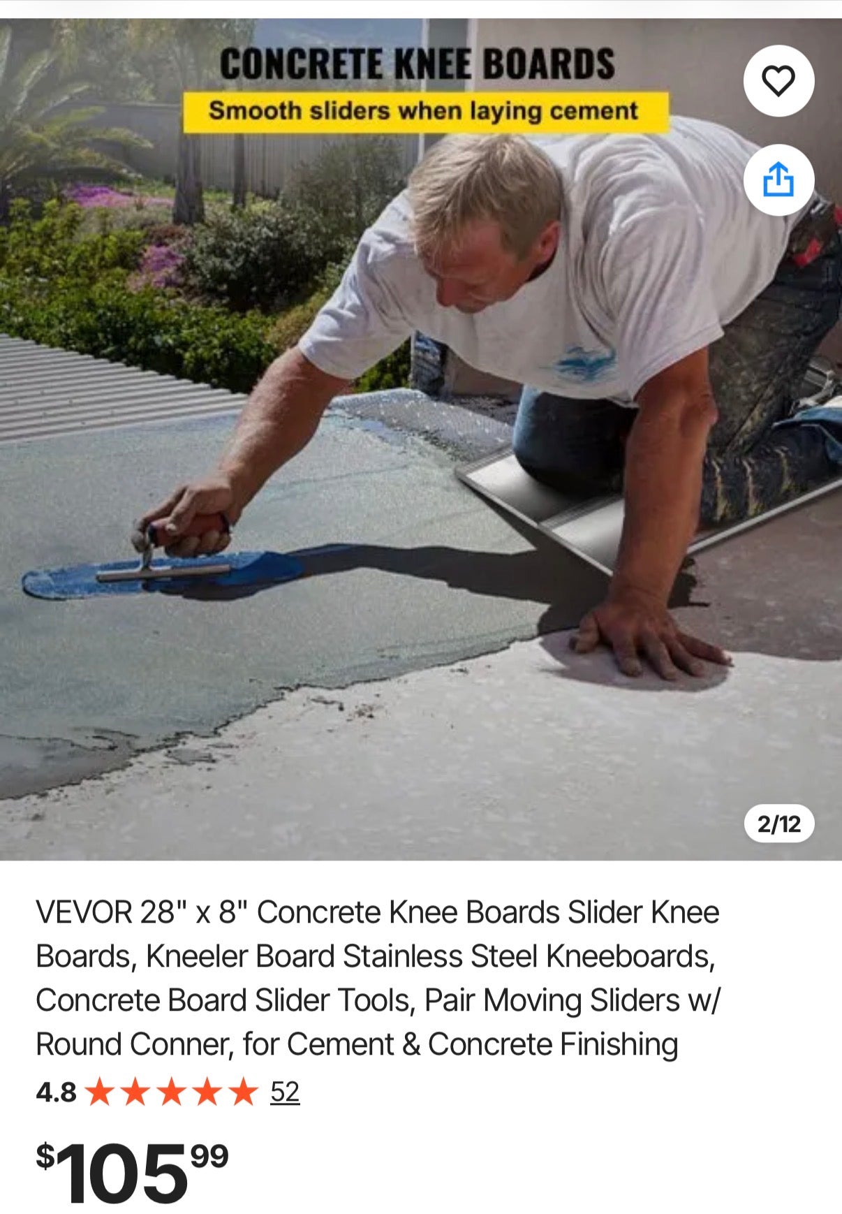 28" x 8" Concrete Knee Boards Slider Knee Boards