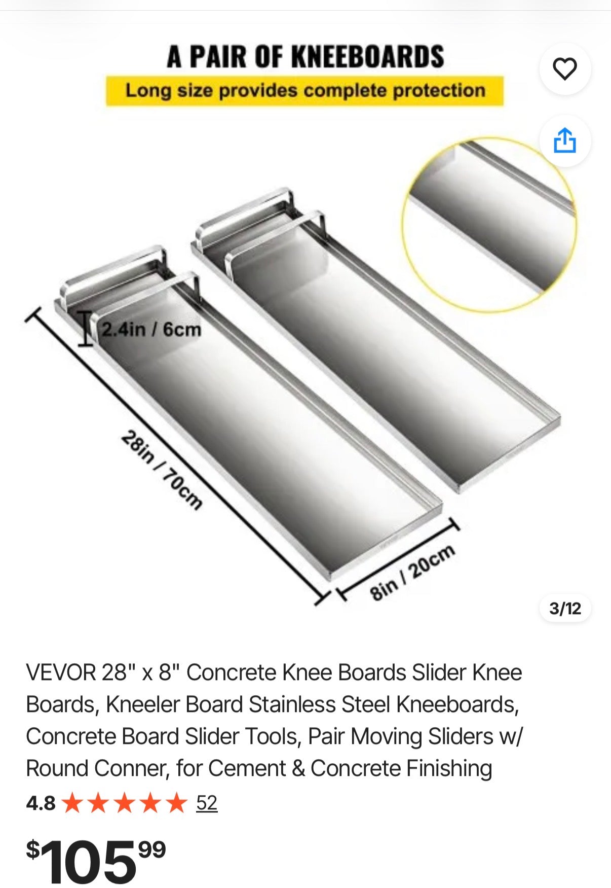 28" x 8" Concrete Knee Boards Slider Knee Boards