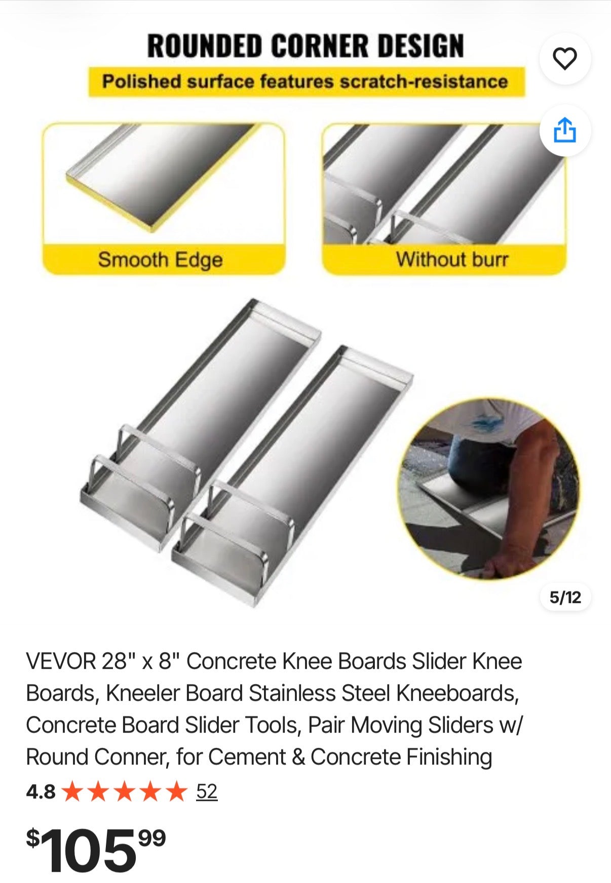 28" x 8" Concrete Knee Boards Slider Knee Boards