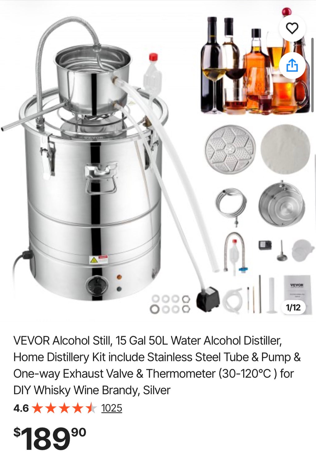 15 Gal 50L Water Alcohol Distiller