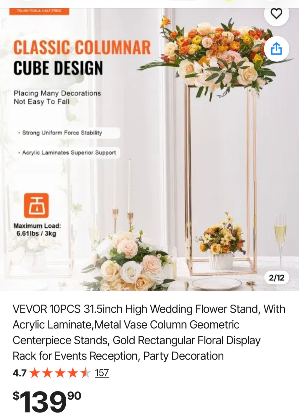 10PCS 31.5inch High Wedding Flower Stand