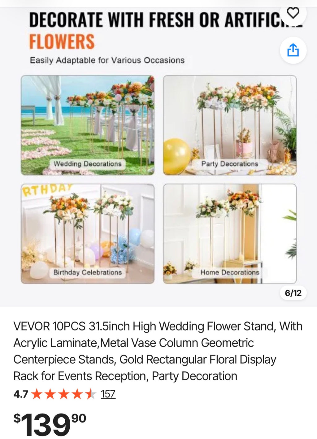 10PCS 31.5inch High Wedding Flower Stand