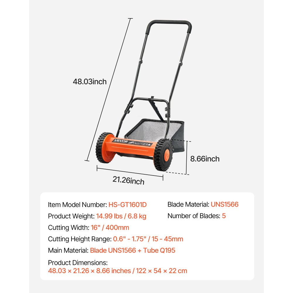 VEVOR Push Reel Lawn Mower 16 inch, 5 Blades Manual Push Mower No Motor, 0.6-1.75 in Adjustable Cutt