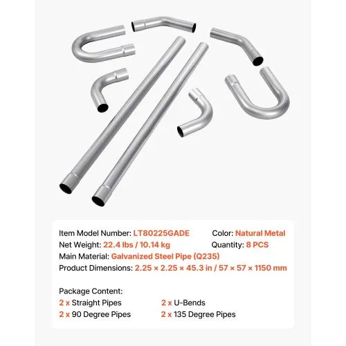 VEVOR Exhaust Pipe, 8 Pcs 2.25 Inch Mild Steel DIY Custom Exhaust Tubing Straight & U-Bend Kit with