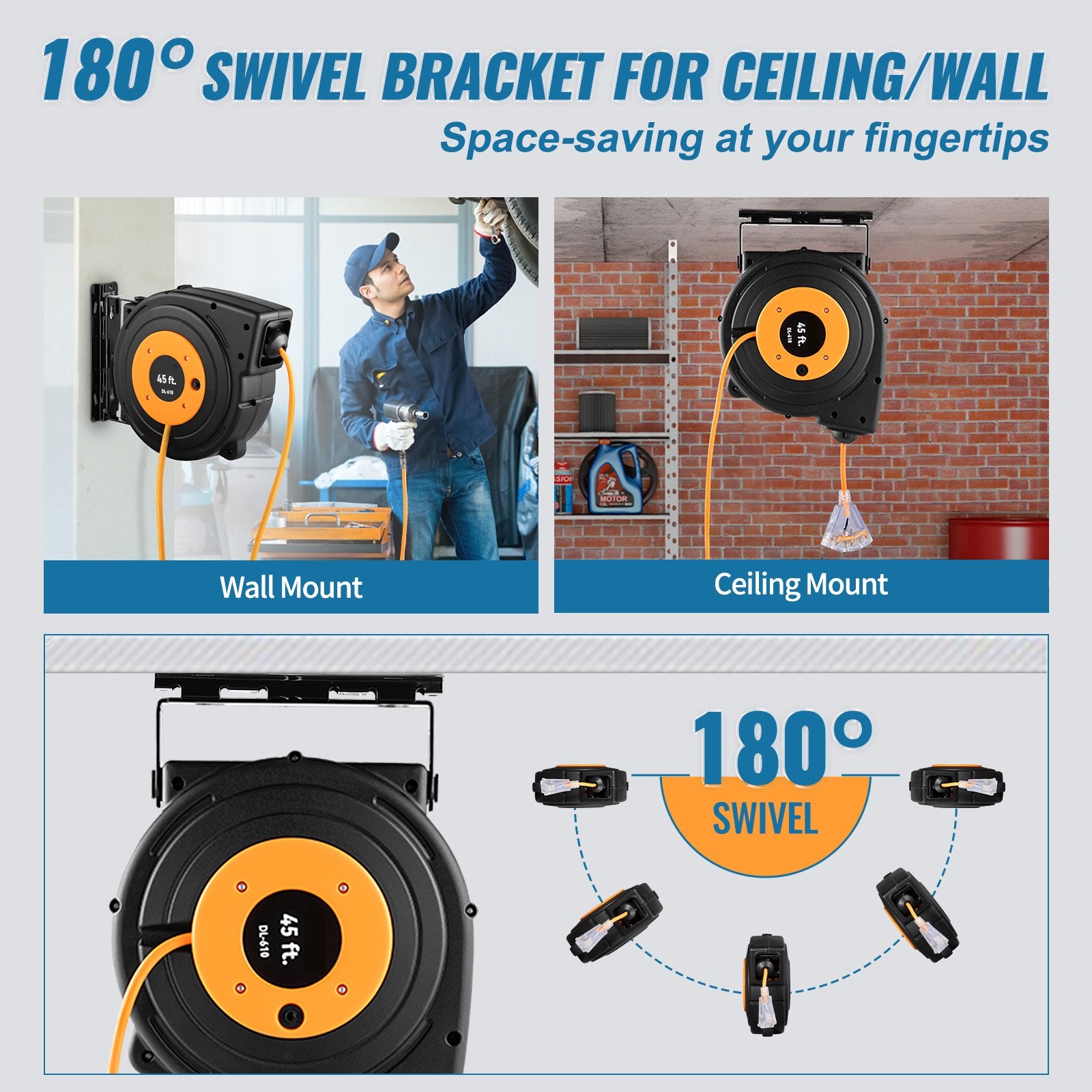 VEVOR Retractable Extension Cord Reel, 45 FT, Heavy Duty 12AWG/3C SJTOW Retractable Power Cord with