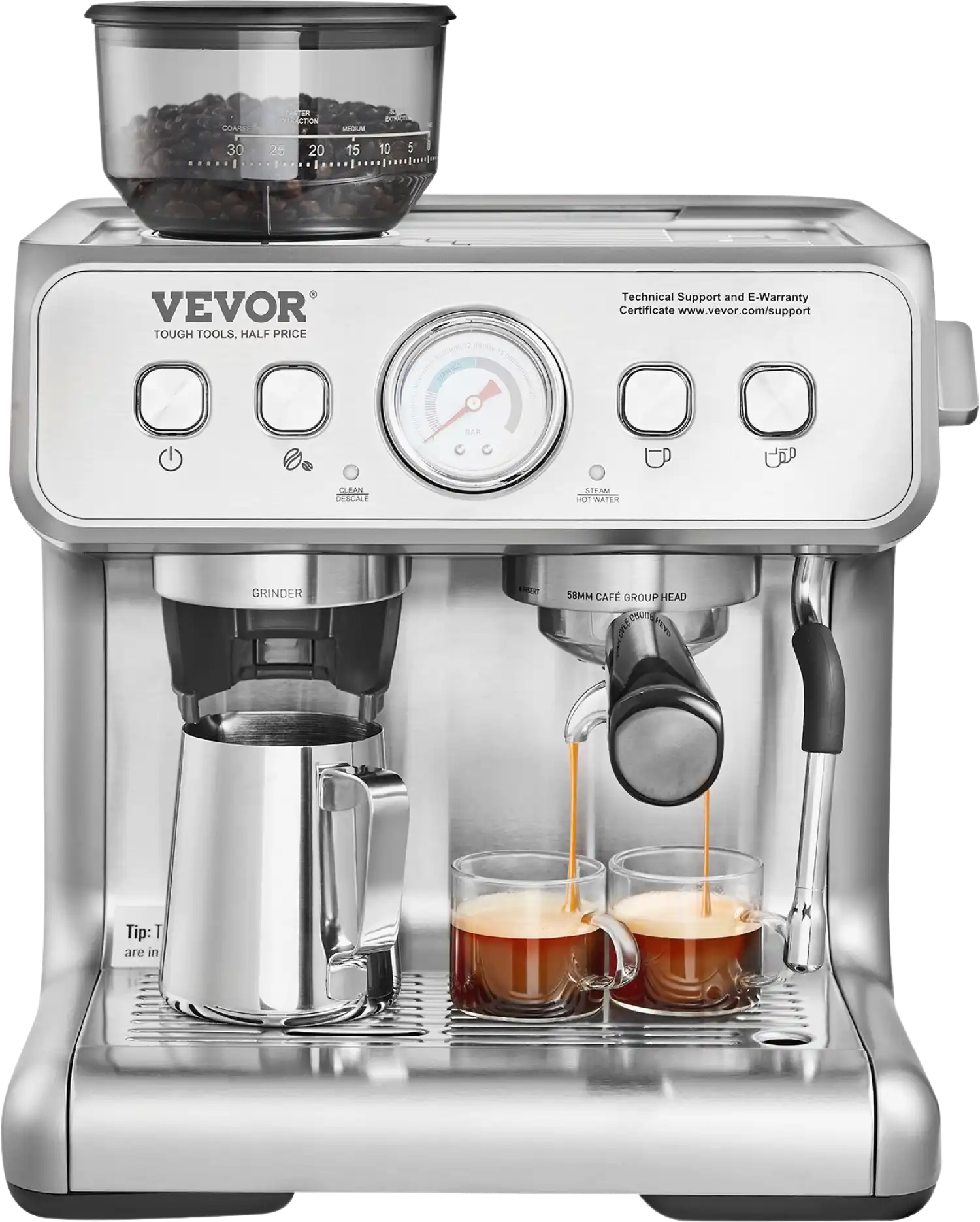 VEVOR Espresso Machine with Grinder, 15 Bar Semi-Automatic Espresso Coffee Maker with Milk Frother S